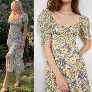 J.ING Multicolor Floral Printed Button Down Puff
Sleeve Cottagecore Midi Dress S